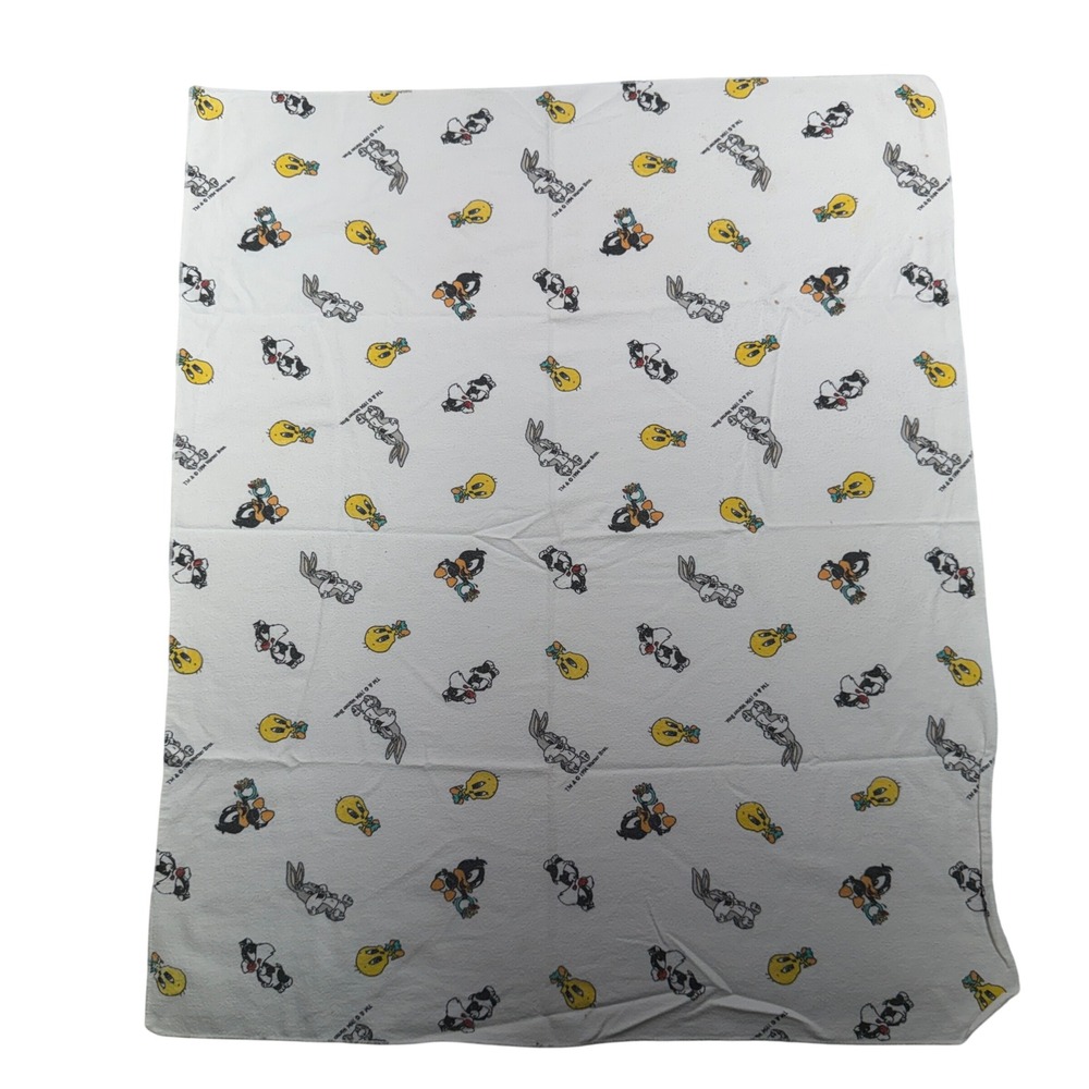 Warner Bros Baby Blanket Looney Tunes 1994 Vintage Flannel White Nursery Baby